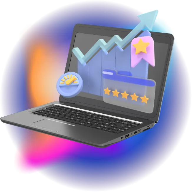 Imagem se um laptop com representações gráficas de crescimento e desenvolvimento